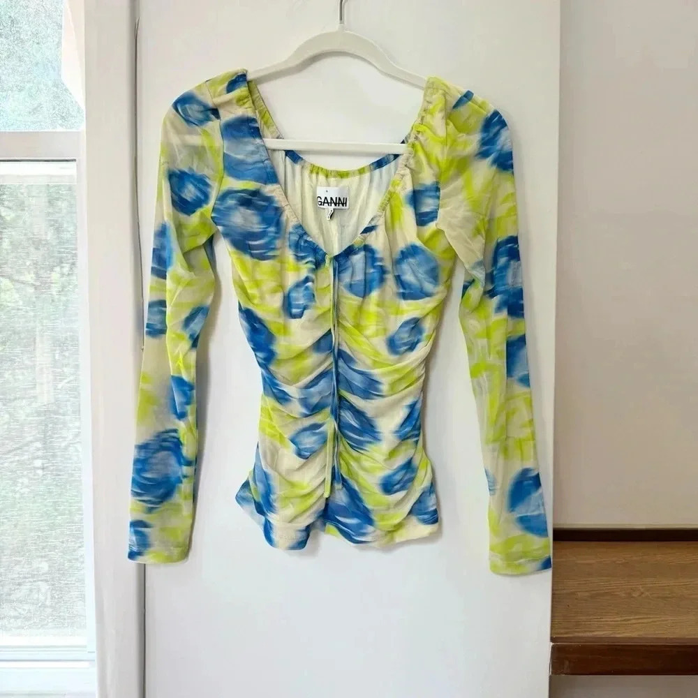 New Ganni Floral Mesh Long-Sleeve Scoop Top Green Blue XS